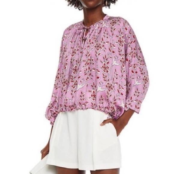 Rhode Helene Crepe De Chine Gathered Bird Print Peasant Blouse S - Picture 3 of 10